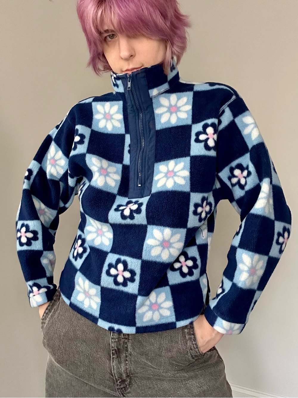 Vintage Y2K Retro Flower Power Fleece 1/2 Zip Pullover Jacket